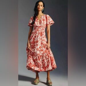 Anthropologie Red and White Floral Somerset Maxi Dress with pockets